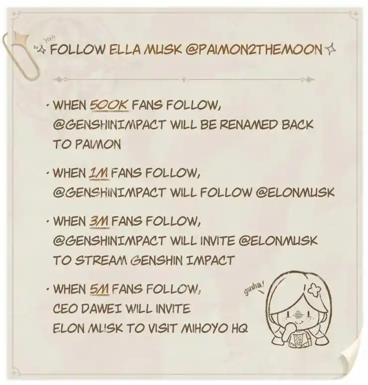 The bizarre community challenge generated so much backlash that it was taken down. It's possible that the reasoning for it will never be disclosed. Ella Musk's name, which is definitely inspired by Elon Musk, is the only actual link. Ella's account presently has a little more than 55,000 followers, so it was most likely just a prank. Ella's following count blowing over Genshin's two million would have been extremely implausible, especially because the only person who would have benefited from such spike would have been Elon Musk.