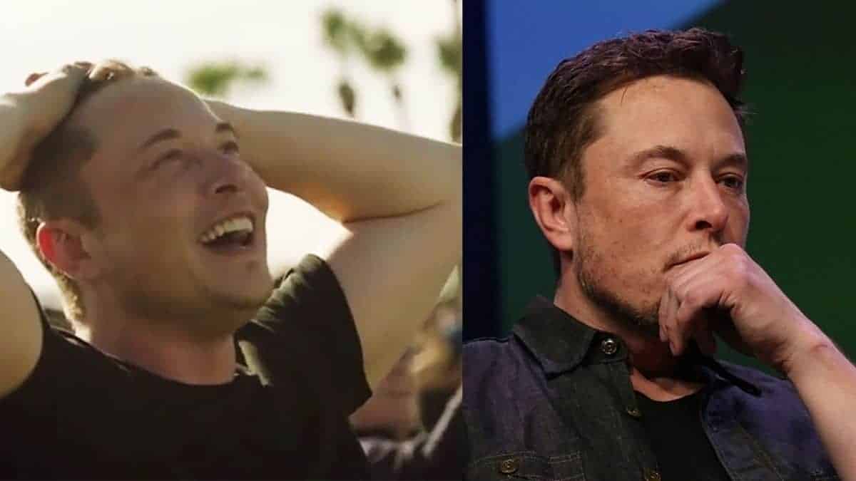 Two images of Elon Musk one being happy and the other being sad