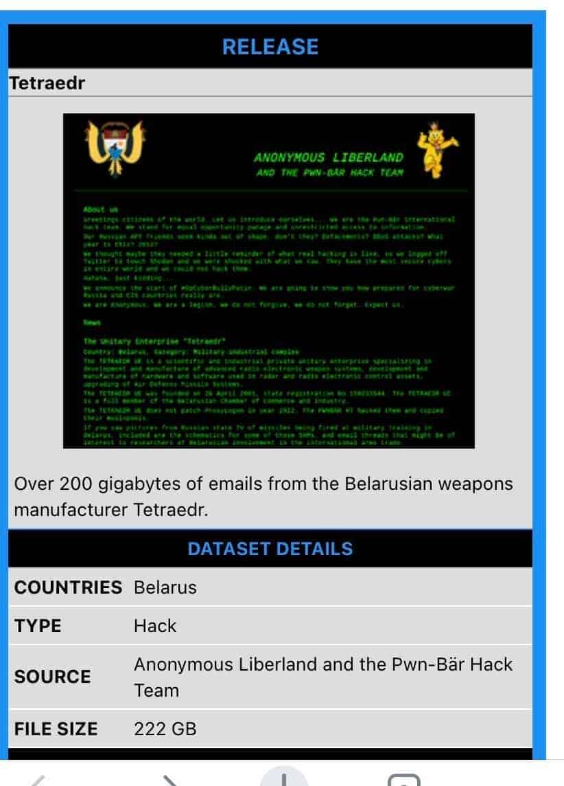 Anonymous has successfully breached and leaked around 200 GB of emails from Belarusian arms manufacturer Tetraedr. This company has provided logistical support to Vladimir Putin in his invasion of #Ukraine