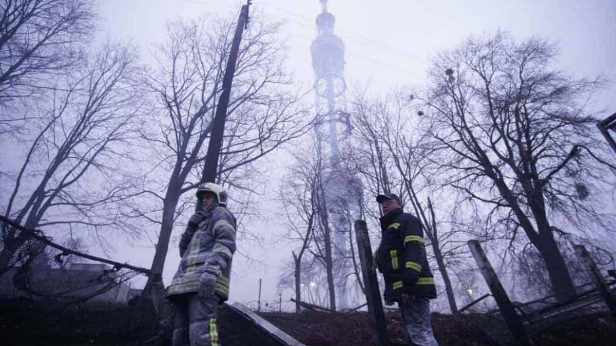 Images from the TV Tower in Kyiv after Russian missile attack is hard to see