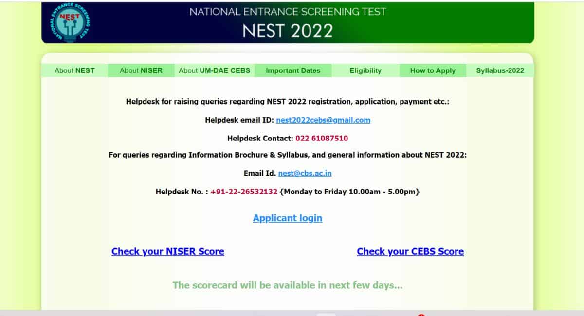 NEST 2022 results released today at nestexam.in