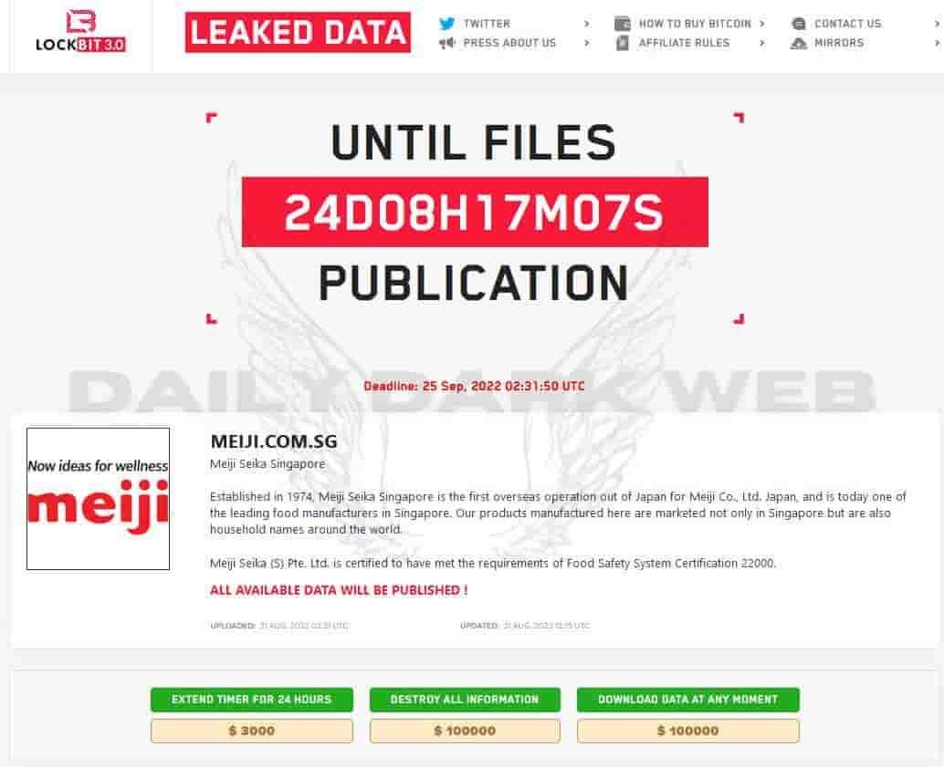 Meiji Seika Singapore is hacked by Lock bit 3.0 Ransomware.