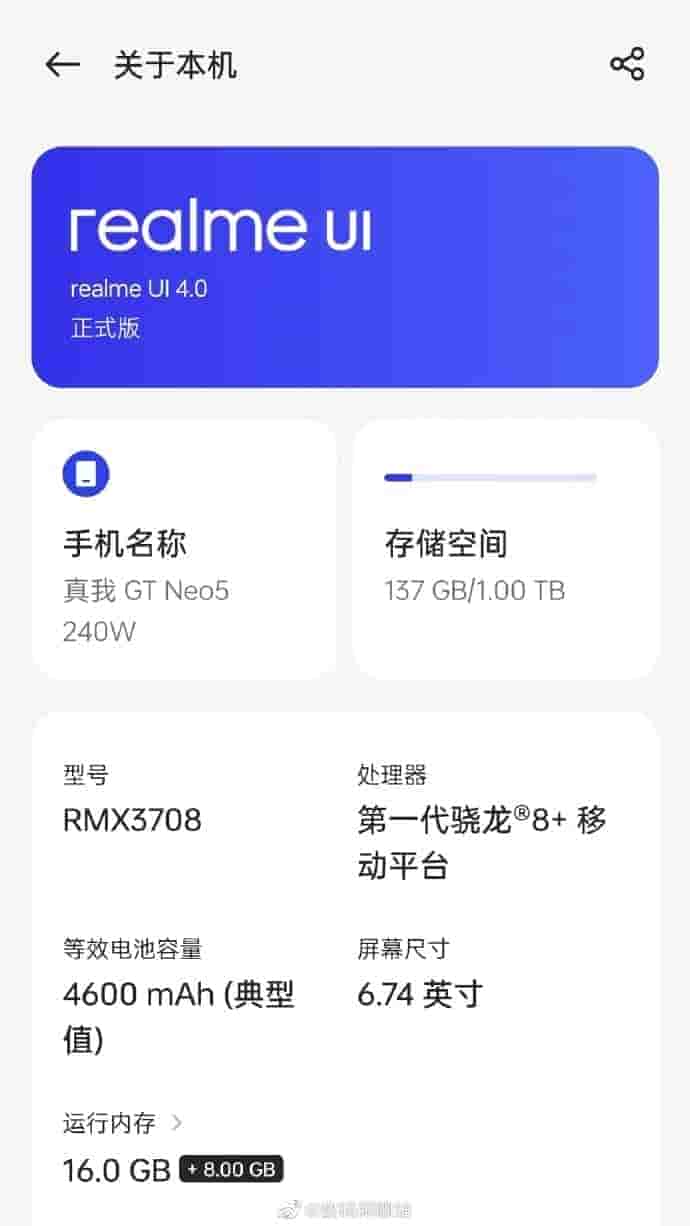 Realme GT Neo 5 1TB storage leak