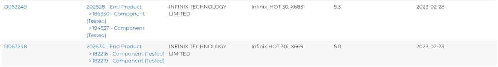 Infinix Hot 30, 30i Bluetooth SIG