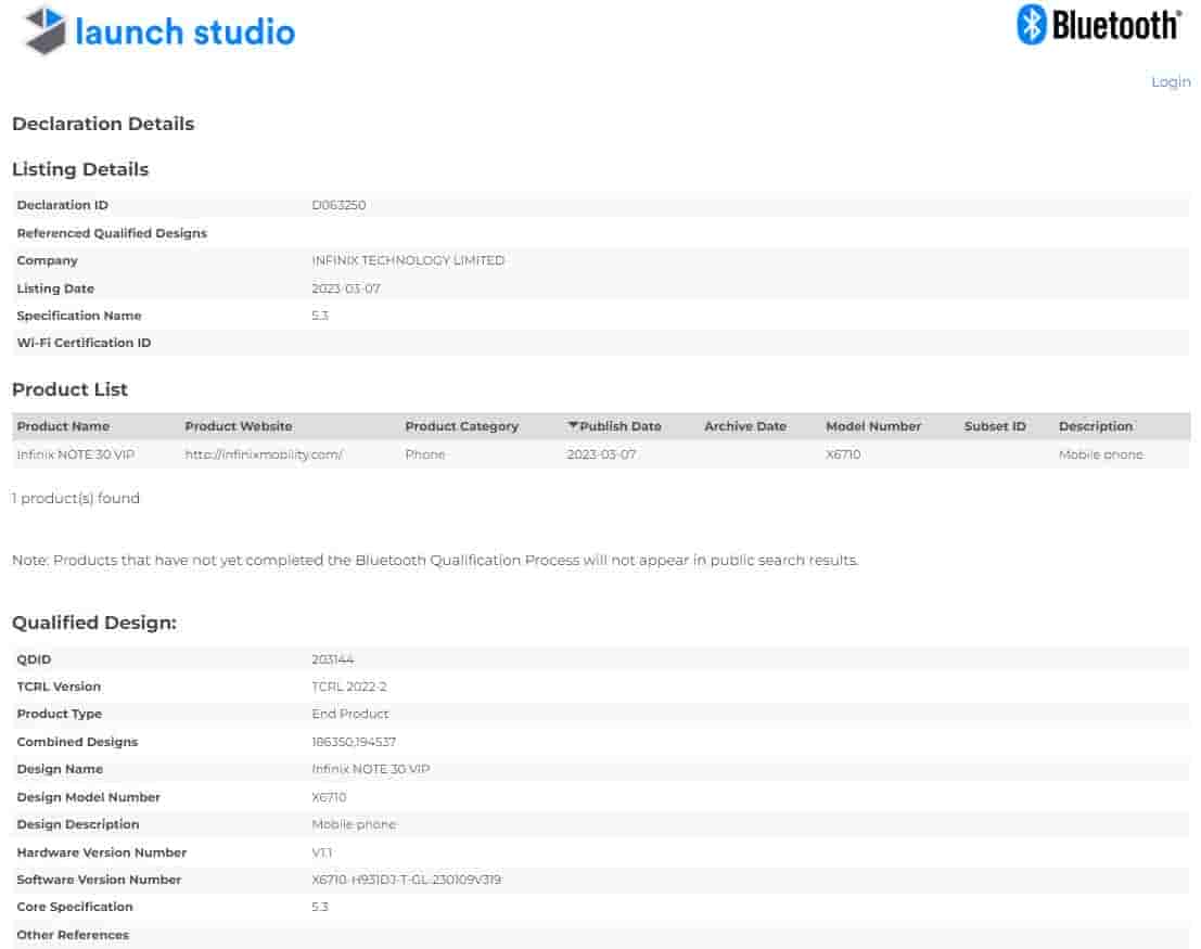 Infinix Note 30 VIP Bluetooth SIG listing