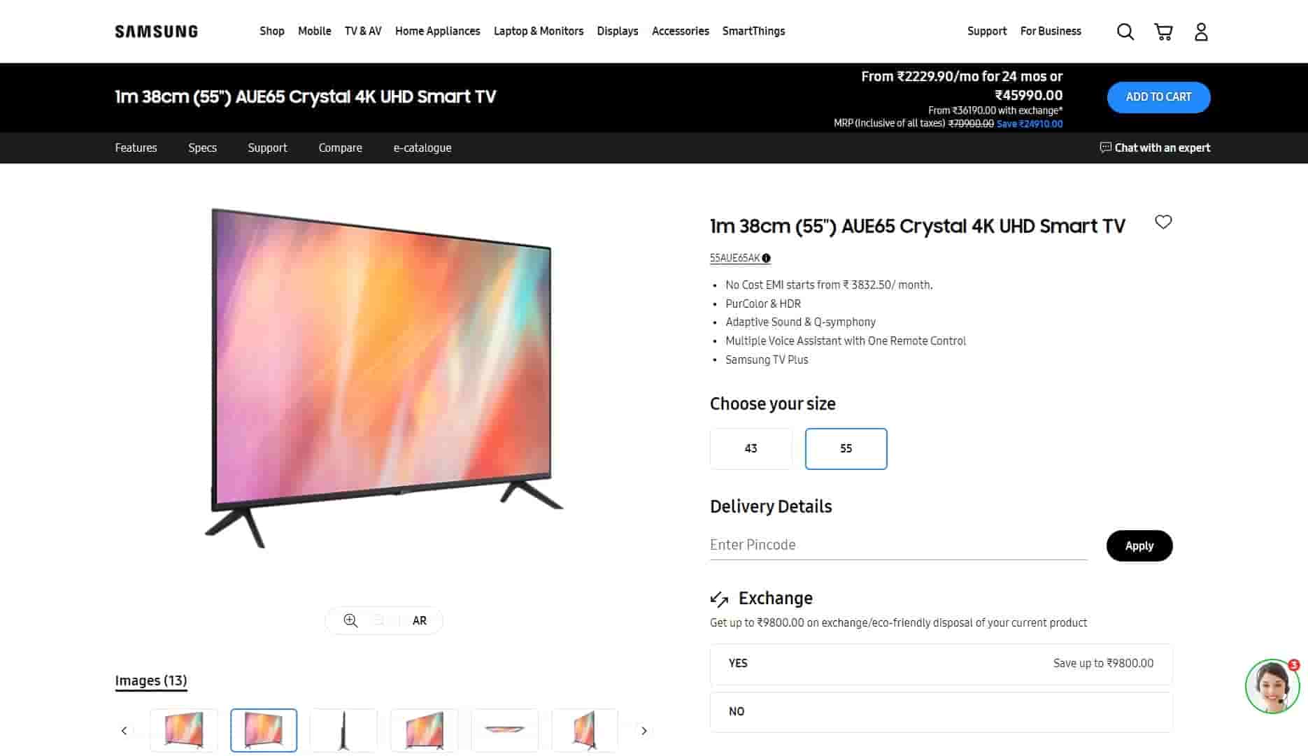 Samsung AUE65 Crystal 4K UHD Smart TV