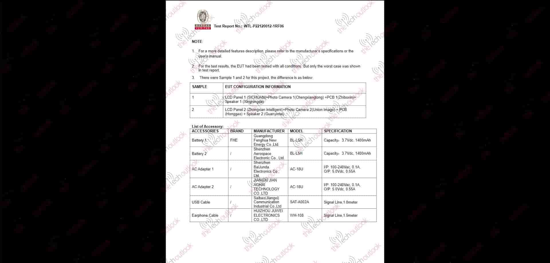 1400mAh BL-L5H model battery and WH-108 headset was sent for testing, presumably with a 3.5mm headphone port