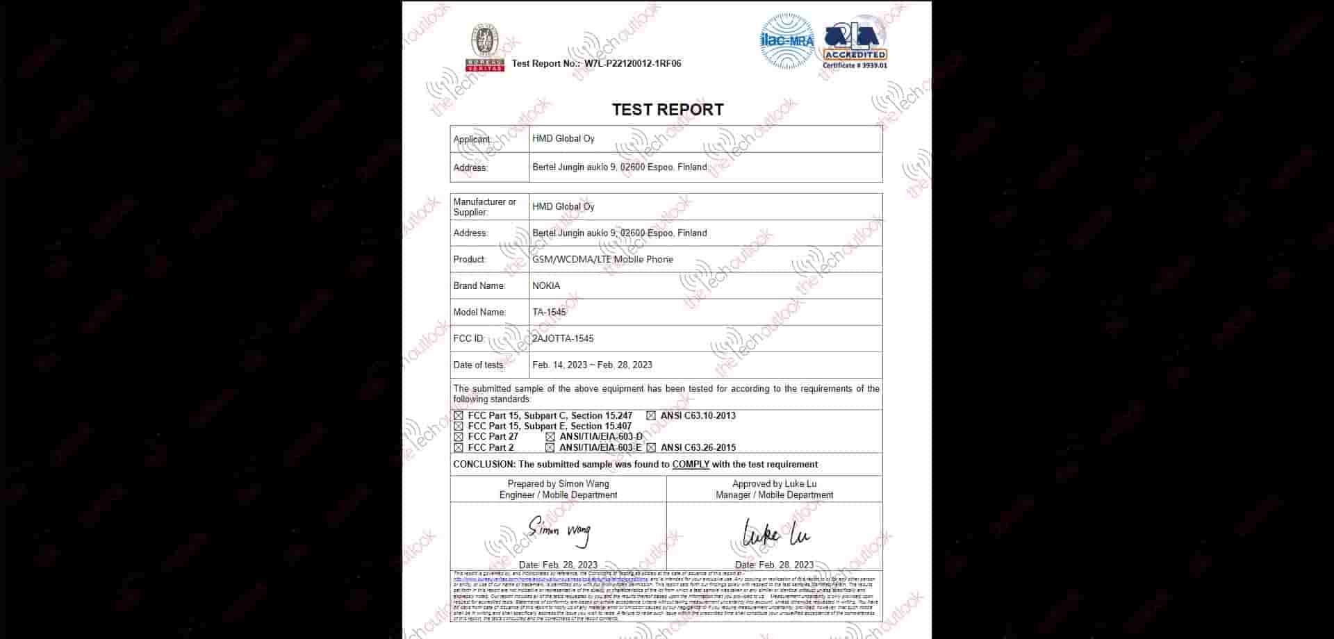 TA-1545 GSM WCDMA LTE Mobile Phone Label Diagram Label HMD global Oy 2