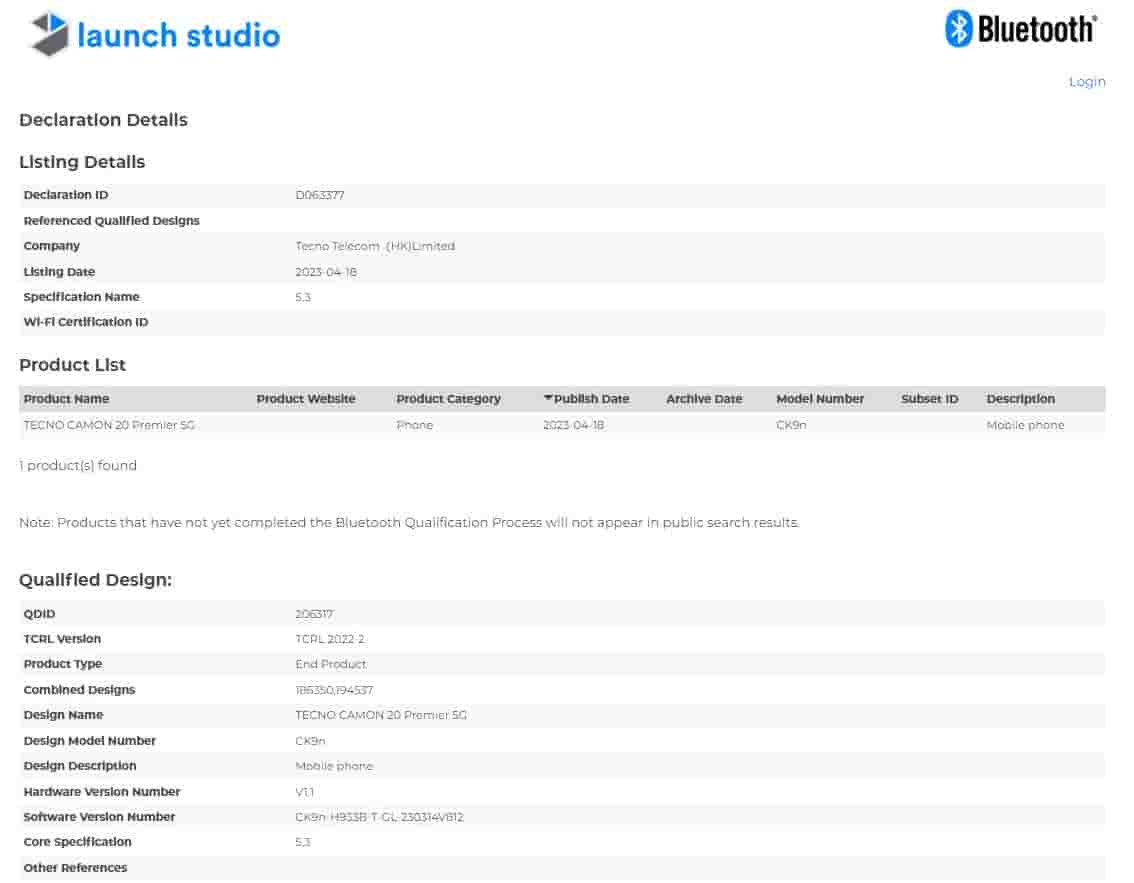 Tecno Camon 20 Premier 5G Bluetooth SIG