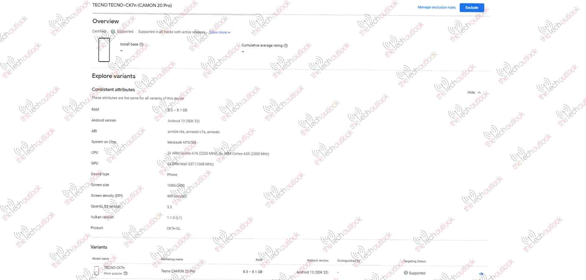 Tecno Camon 20 Premier Listed on Google Play Console