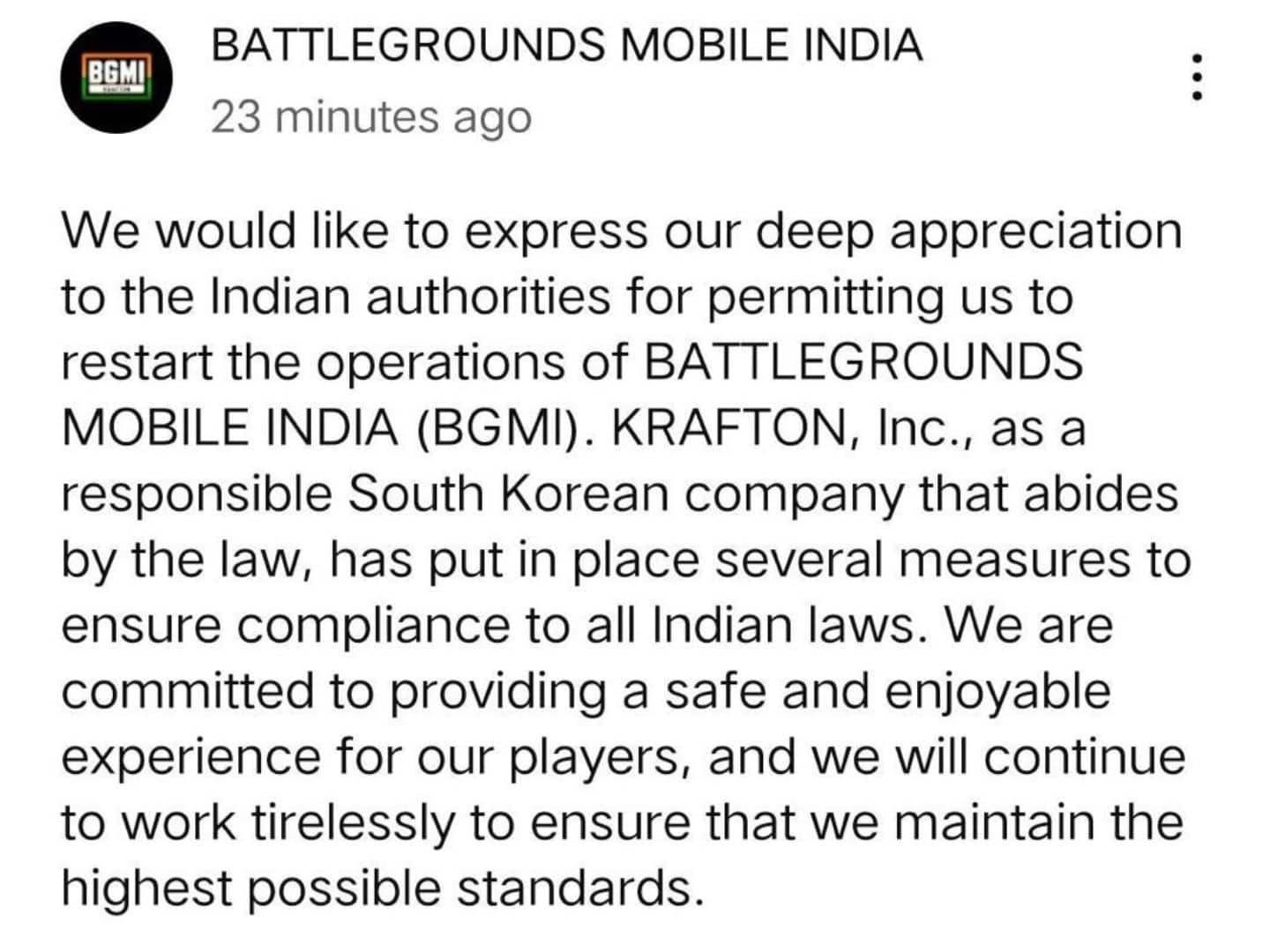 Battlegrounds Mobile India to Restart Operations