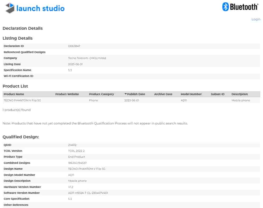 Tecno Phantom V Flip 5G Bluetooth certification