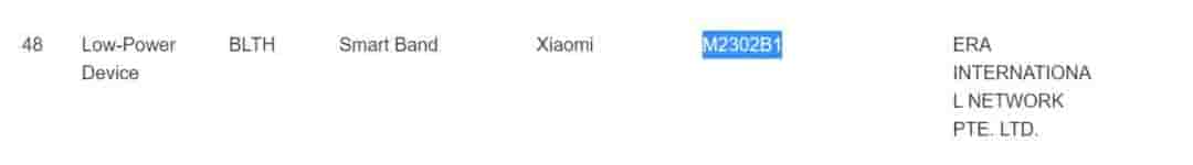 Xiaomi Smart Band with Model Number M2302B1 Receives the IMDA Certification