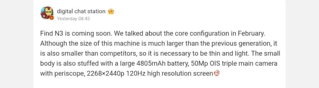 OPPO Find N3 Specs Leaked Again