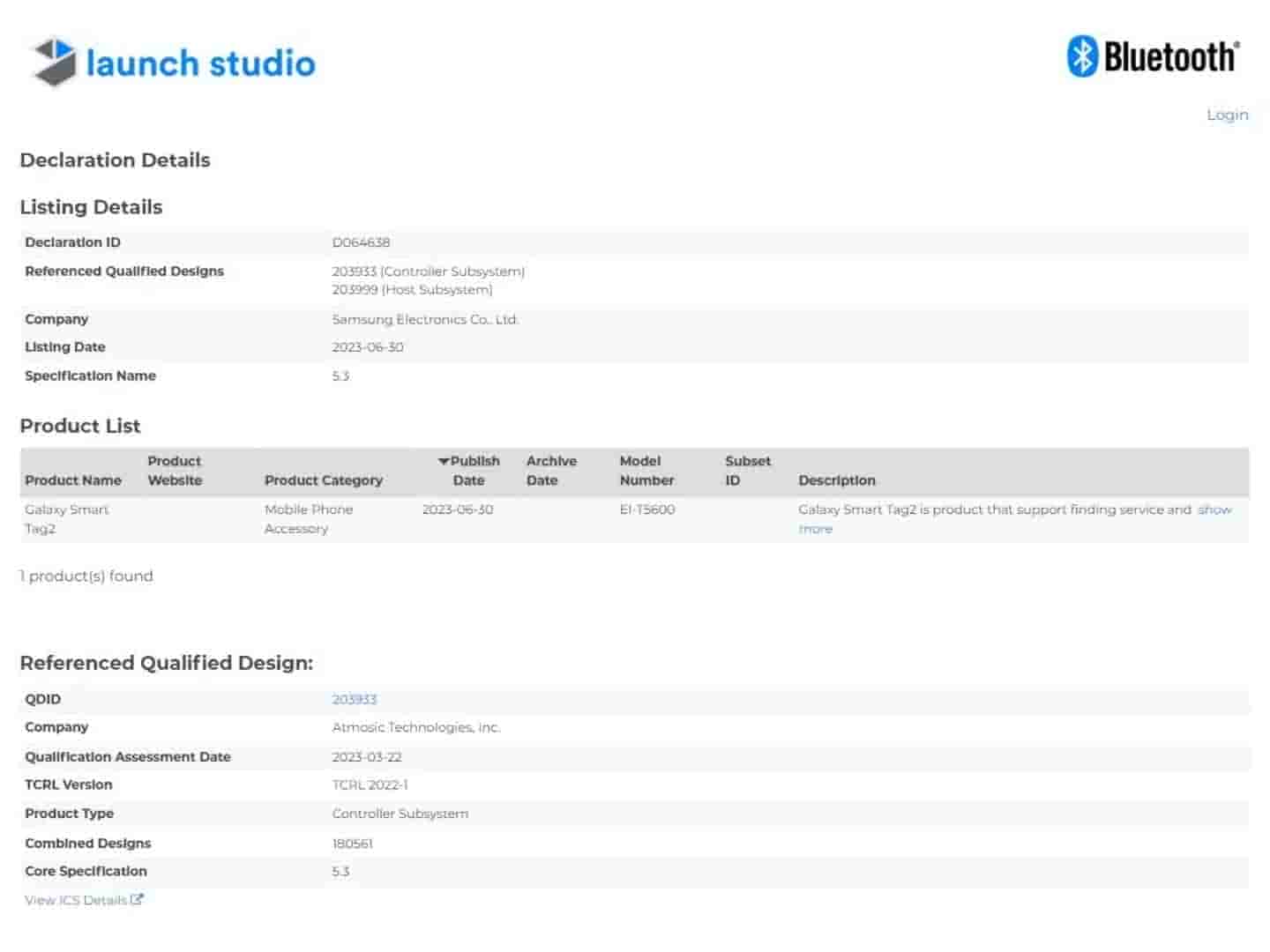 Samsung Galaxy Smart Tag 2 Bluetooth SIG Certification