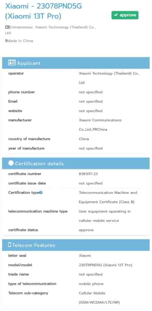 Xiaomi 13T Pro NBTC listing