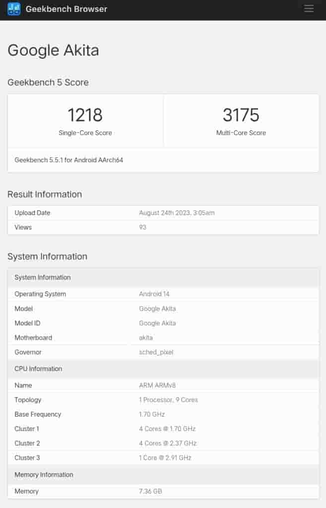Alleged Google Pixel 8a Geekbench Listing - 1