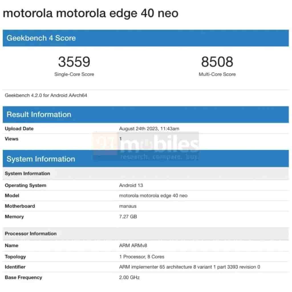Motorola Edge 40 Neo - Geekbench Listing
