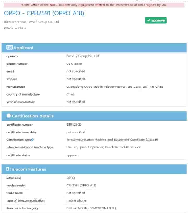 OPPO A18 NBTC listing