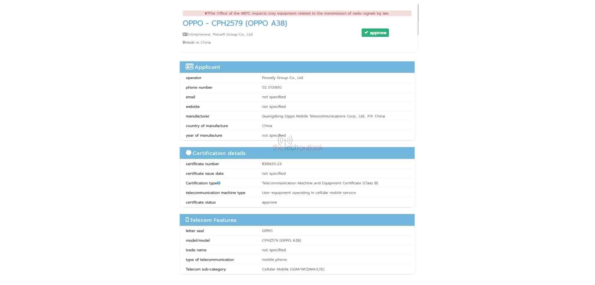 Oppo A38 spotted on NBTC