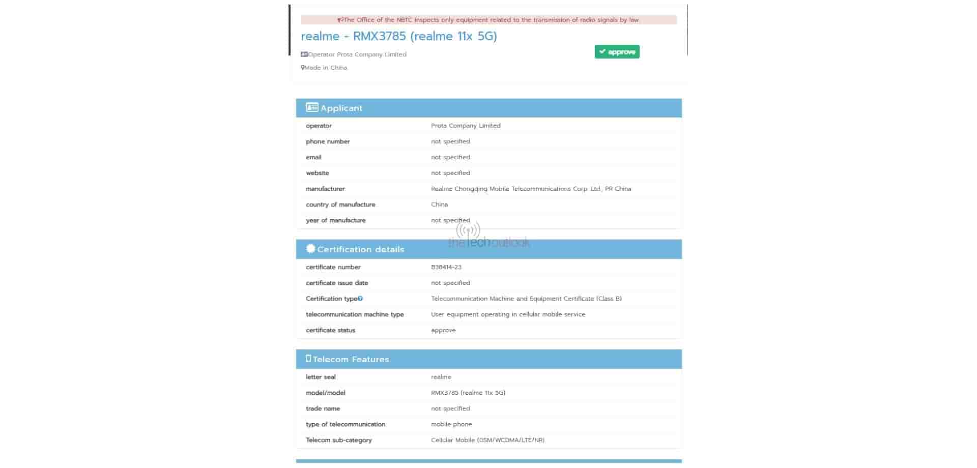 Realme 11X Spotted on NBTC