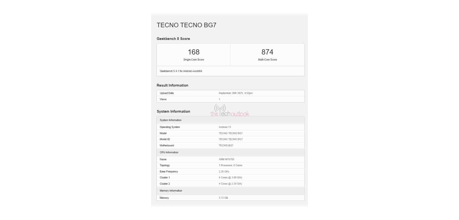 Tecno Spark 20C - Geekbench Listing