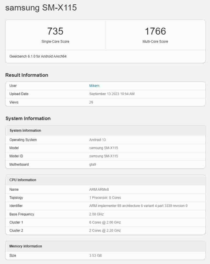 Samsung Galaxy Tab A9 LTE Geekbench