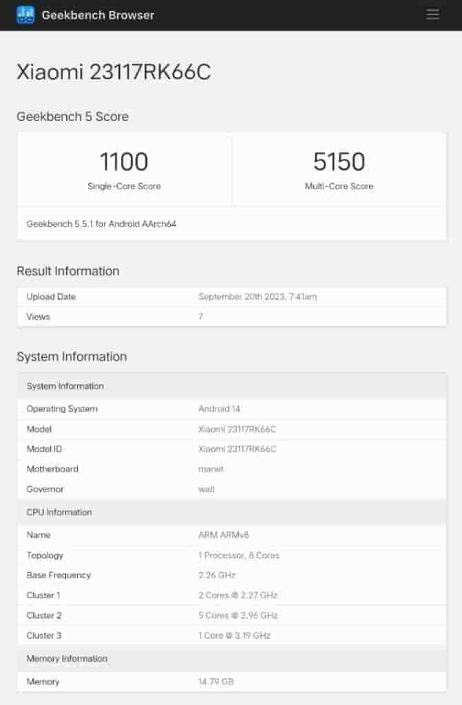 Xiaomi Redmi K70 Pro - Geekbench Listing - 1