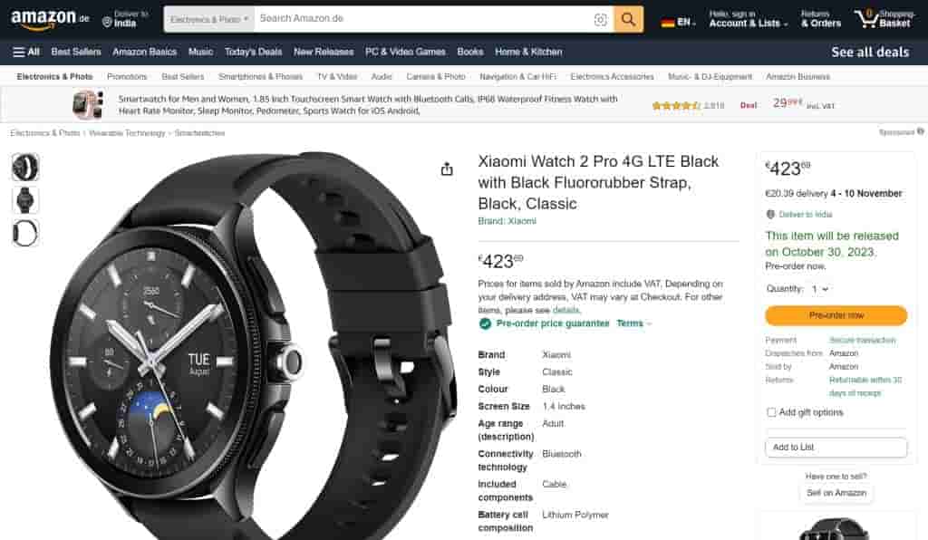 Xiaomi Watch 2 Pro 4G LTE Black with Black Fluororubber Strap, Black, Classic