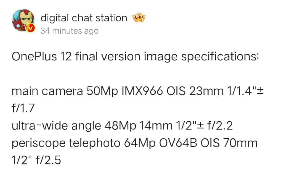 OnePlus 12 - Camera Specs Tipped