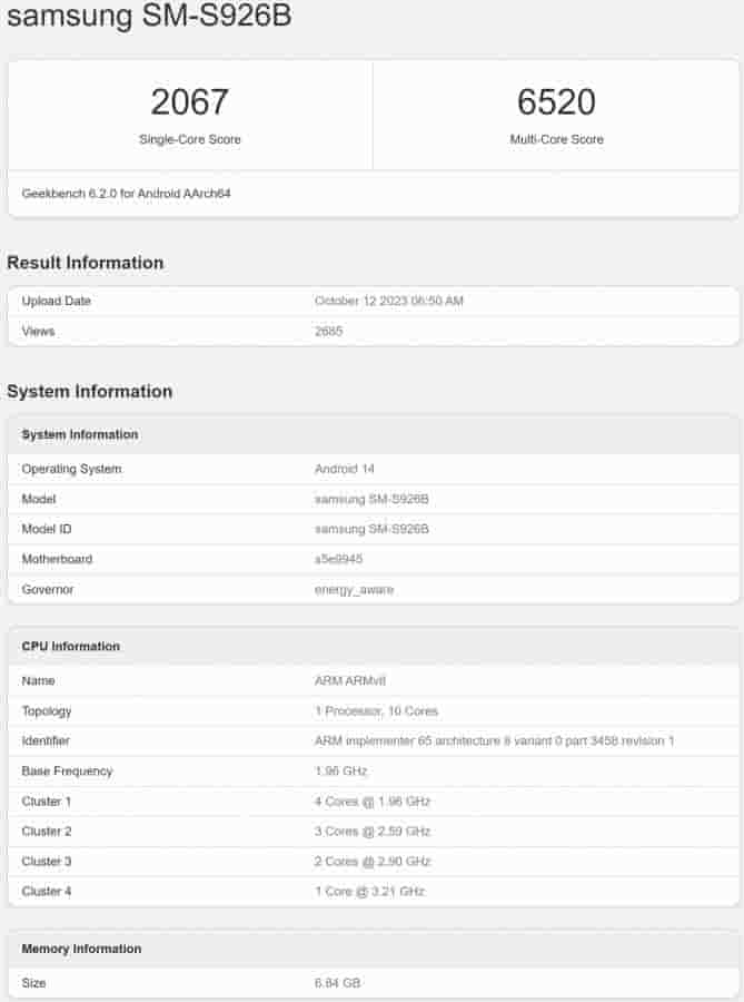 Samsung Galaxy S24+ - Exynos Model - Geekbench Listing