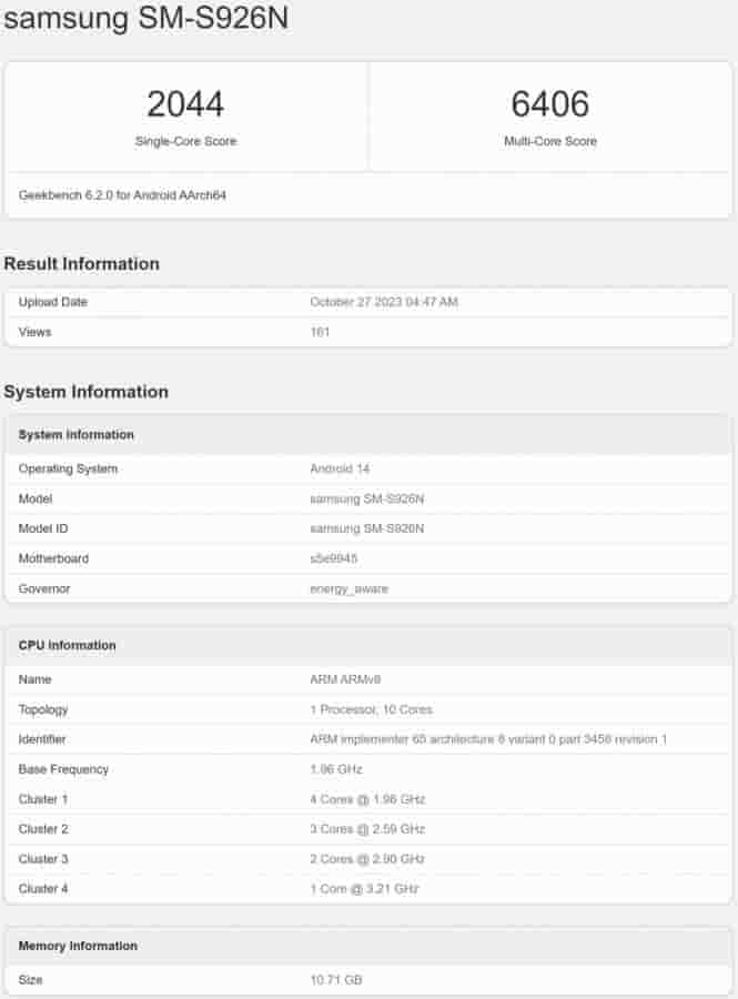 Samsung Galaxy S24+ - Korean Version - Geekbench Listing
