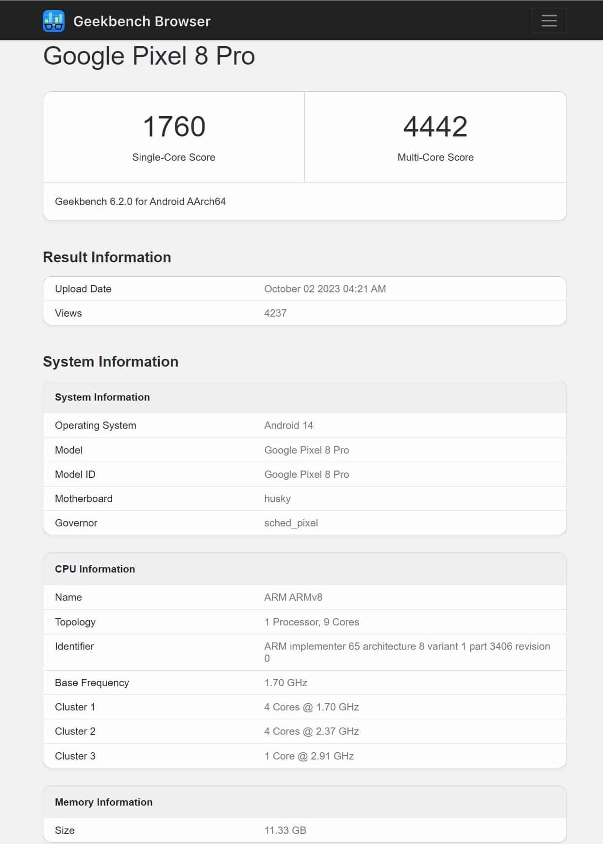 Google Pixel 8 Pro - Geekbench Listing