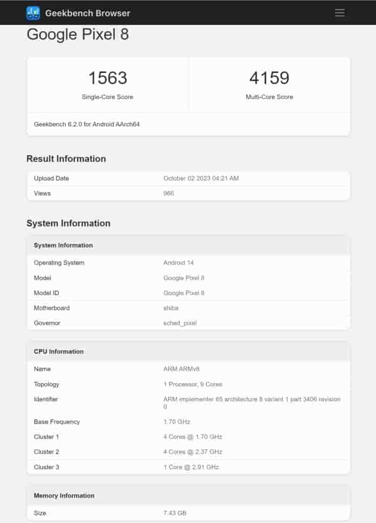 Google Pixel 8 - Geekbench Listing