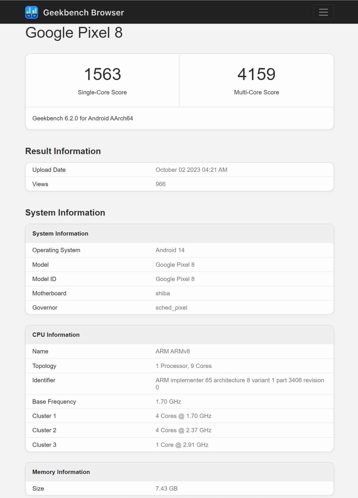 Google Pixel 8 - Geekbench Listing