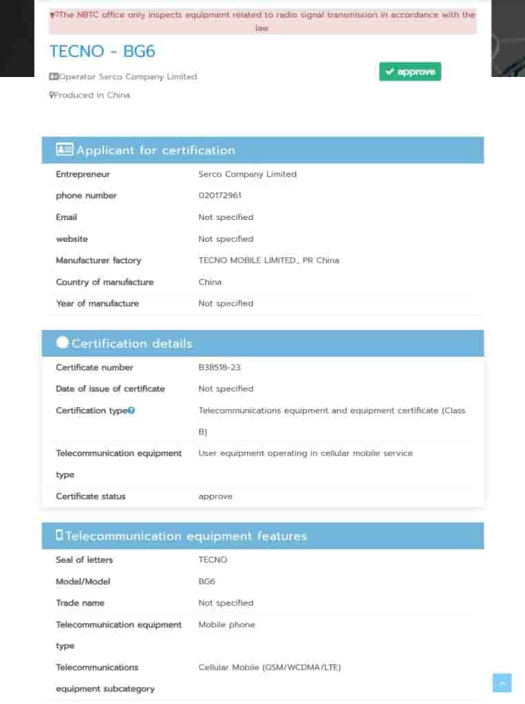 Tecno BG6 - NBTC Certification