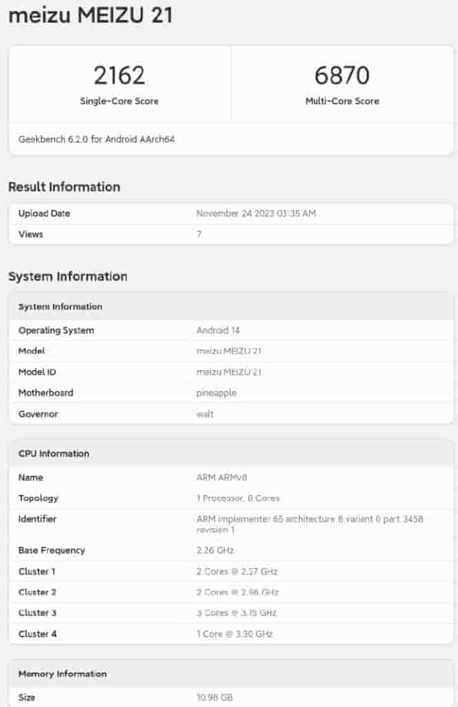 Meizu 21 - Geekbench Listing