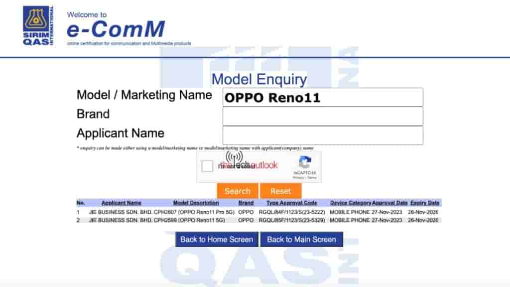 OPPO Reno 11 Series - SIRIM Certification