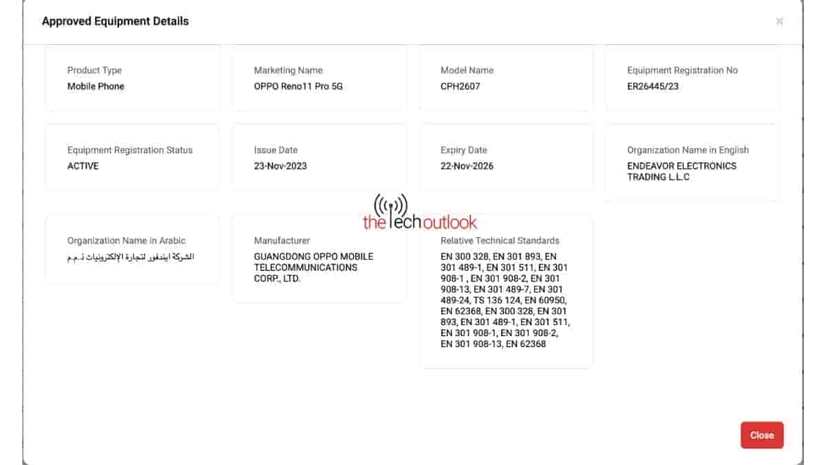 Oppo reno 11 Pro Spotted on TDRA reveals tyhe model number