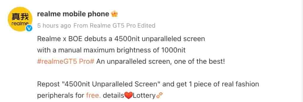 Realme GT 5 Pro - Display Specs Teased - Weibo Post - 2