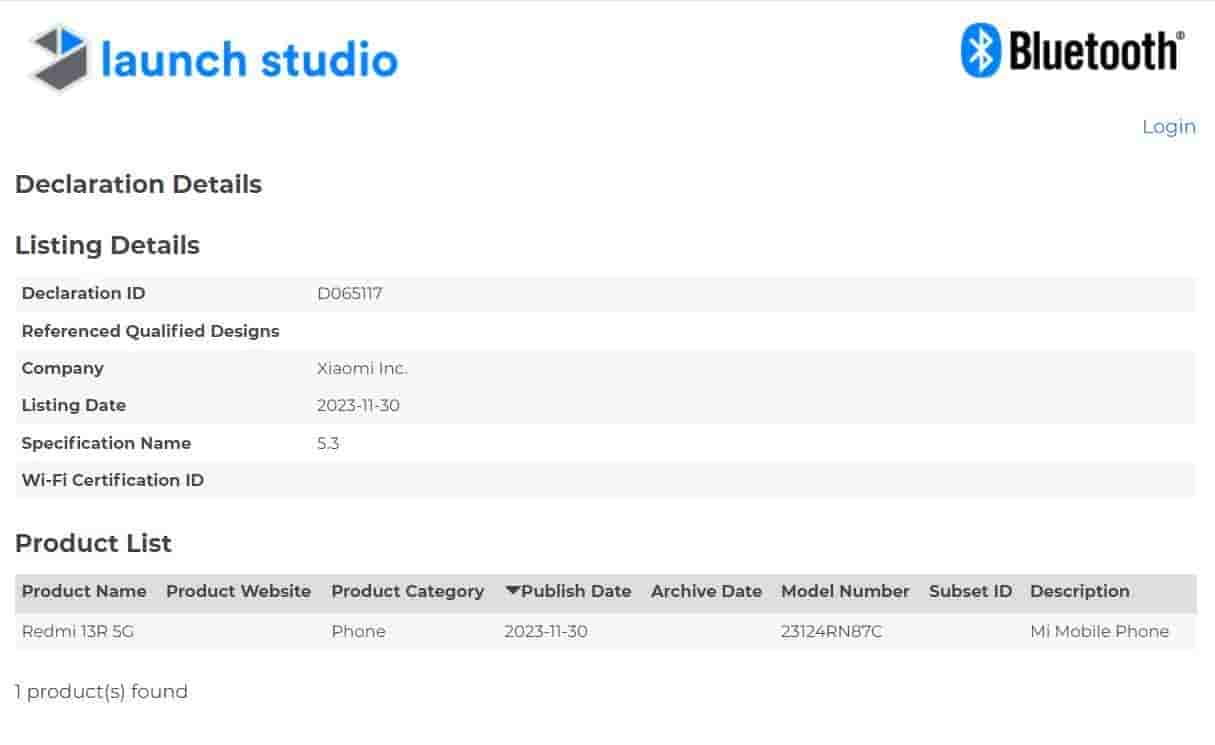 Redmi 13R Bluetooth SIG certified