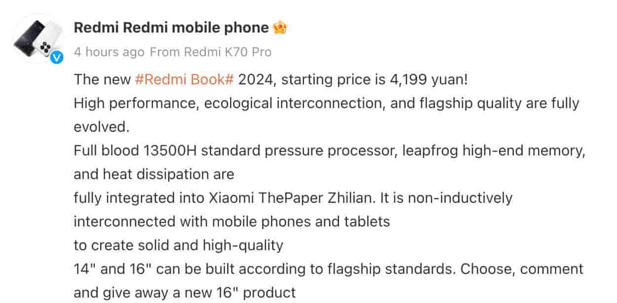 Redmi Book 2024 - Weibo Post
