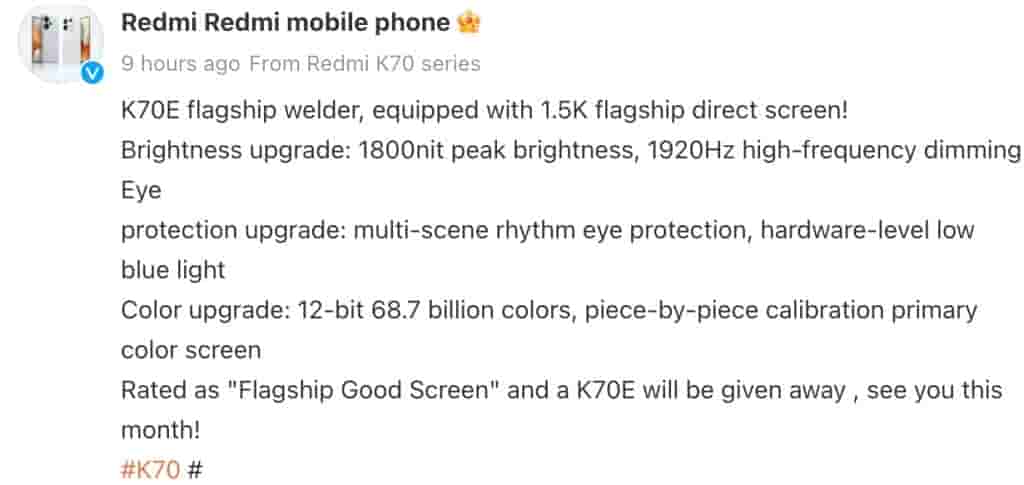 Redmi K70E - Display - Weibo Post