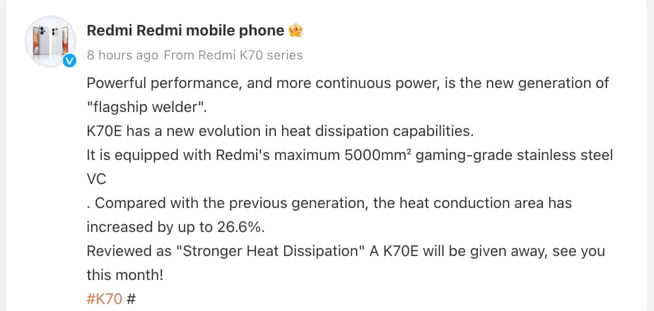 Redmi K70E - Heat Dissipation Unit - Weibo Post