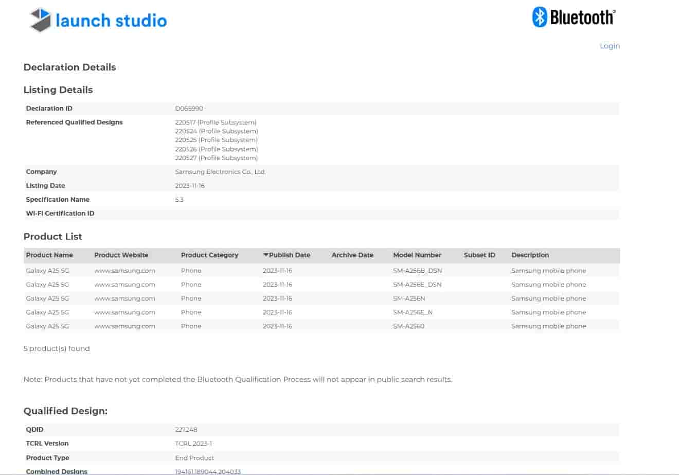 Samsung Galaxy A25 5G - Bluetooth SIG Certification