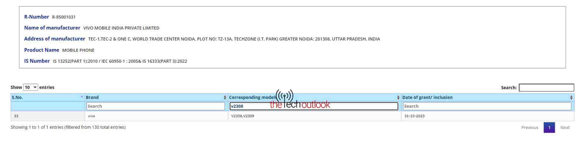 V2308 - Vivo X100 BIS Certification
