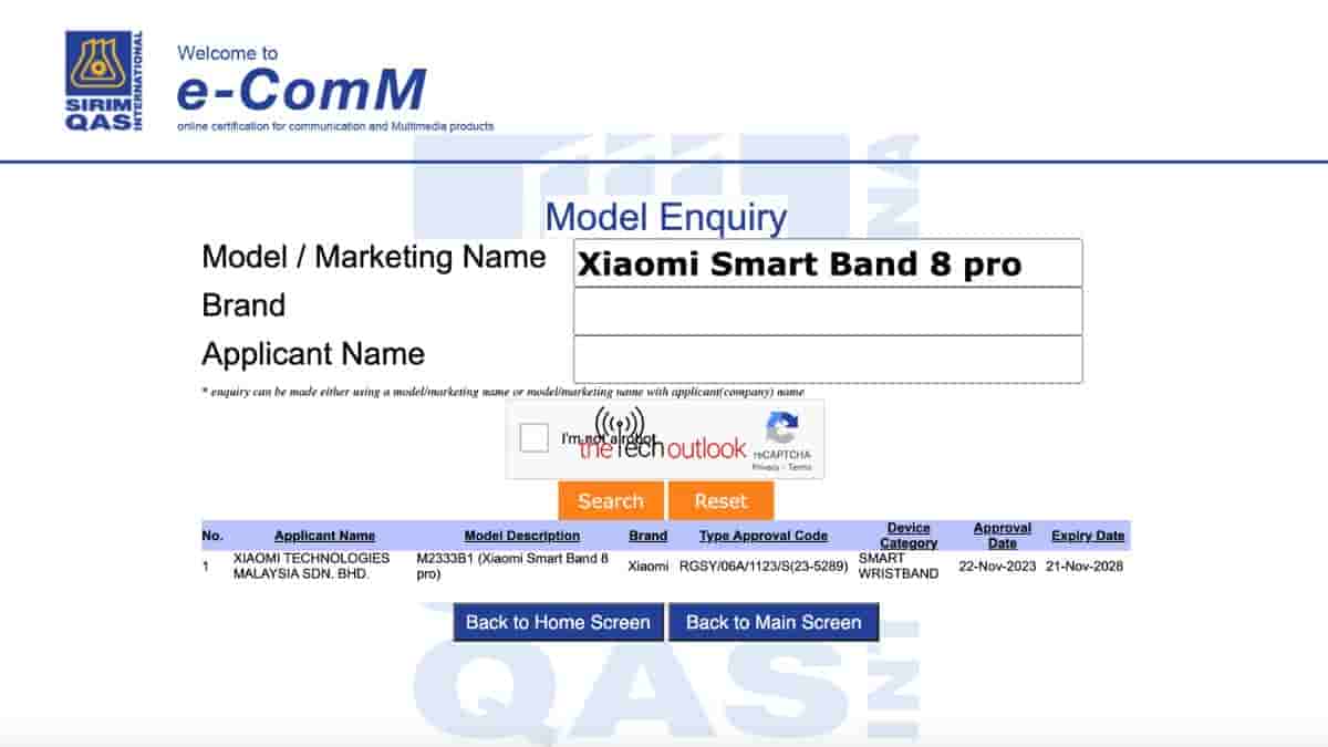 Xiaomi Smart Band 8 Pro - SIRIM Certification
