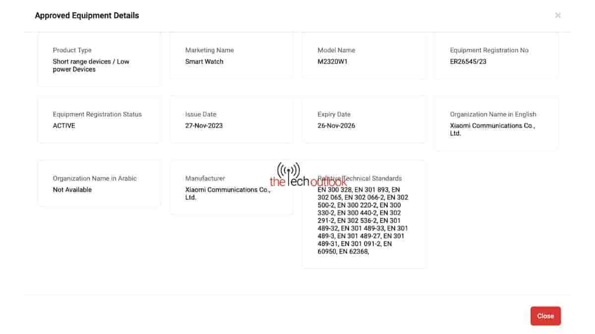 Xiaomi Watch - TDRA Certification