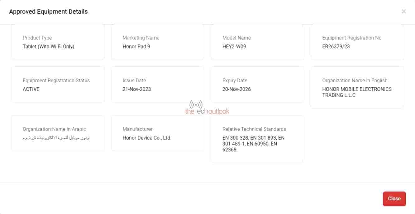 Honor Pad 9 - TDRA Certification
