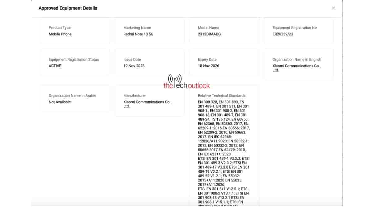 Redmi Note 13 5G - TDRA Certification